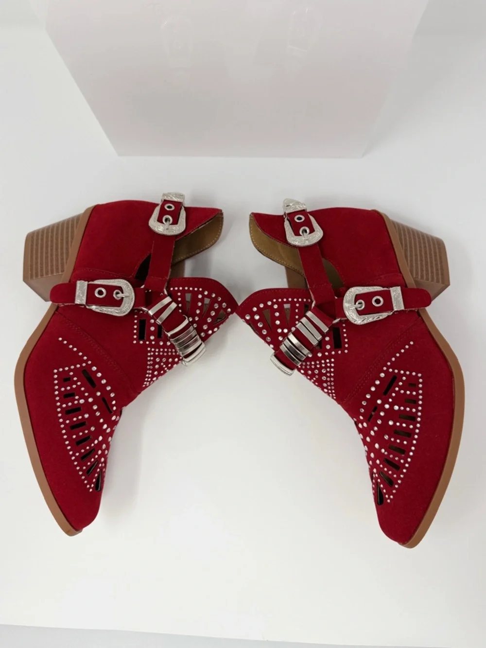 Red Rhinestone Western Ankle Boots Studded Cutout Buckle Booties Size 8 EU 39 - Picture 4 of 16